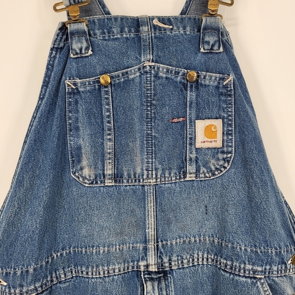 Vintage 90s Carhartt Loose Fit Denim Overalls Work Worn Distressed Blue 42 x 30 - Picture 7 of 15